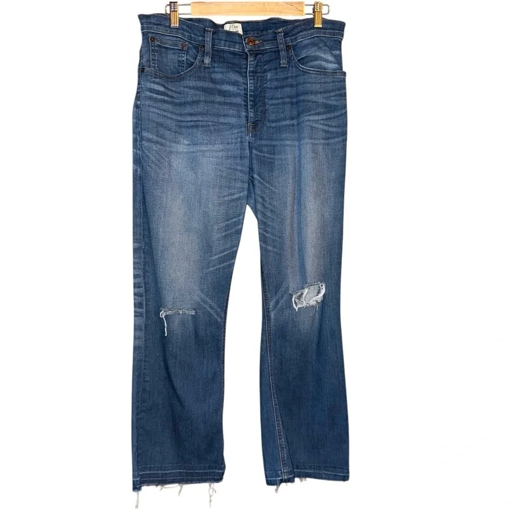 J. CREW Billie Demi Boot Crop Jeans in Warm Indigo Distressed Plus Size 32
